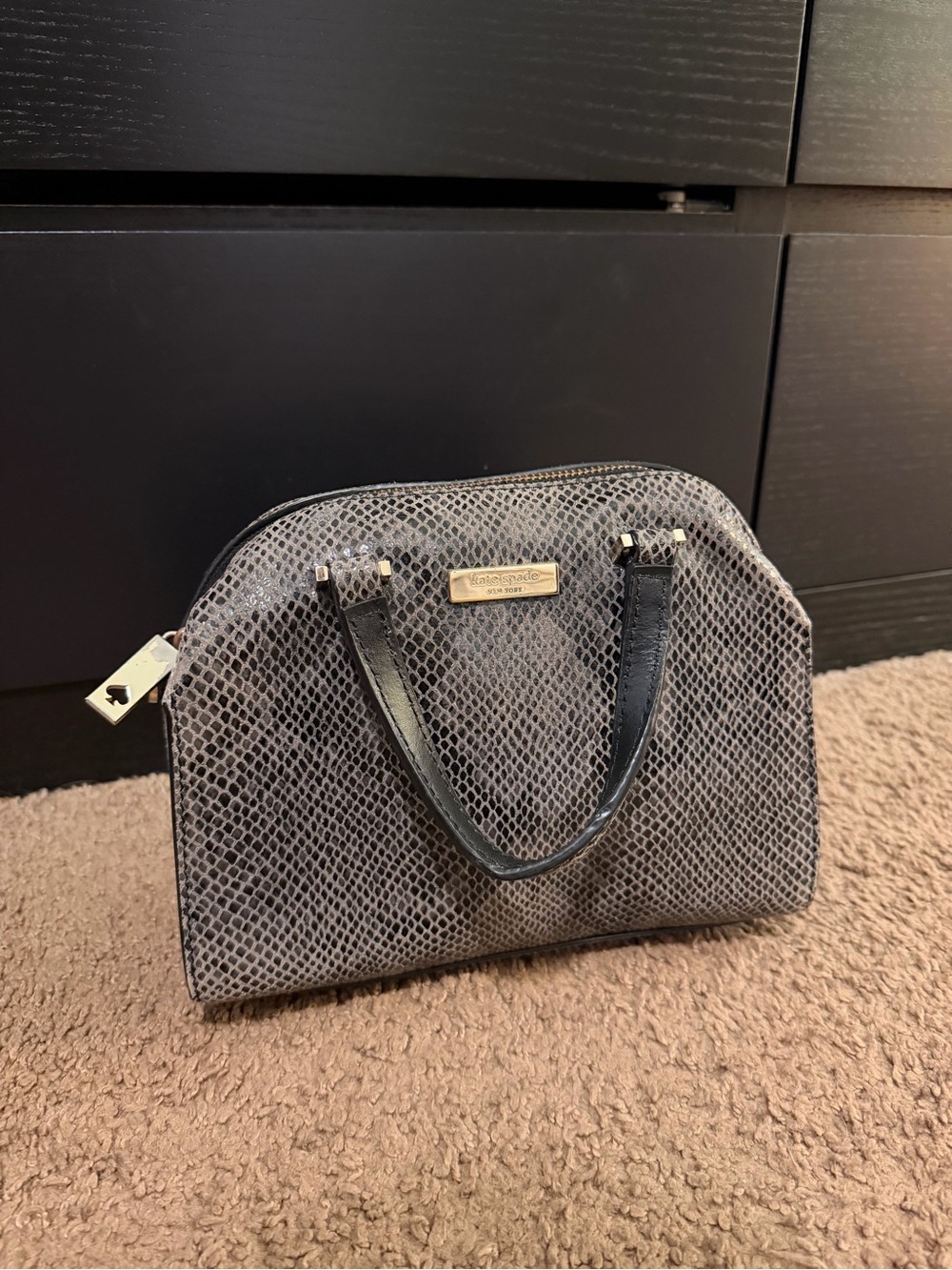 kate spade gray snake-print satchel with black handles